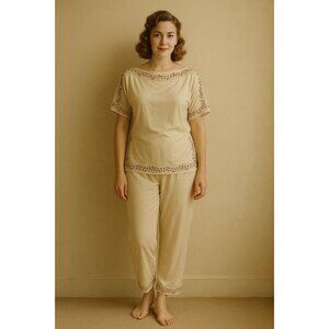 vintage 60s VANITY FAIR 2 piece pajama set sheer embroidered lounge sleep XS S